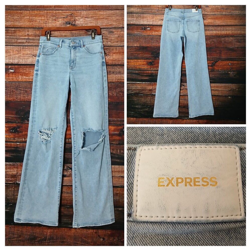 Express Jeans 8 Wide Leg High Rise Distressed Light Wash Blue Denim Stretch